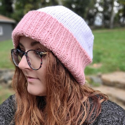 Two-Toned Folded Brim Pink and White Slouchy Knit Beanie - image2